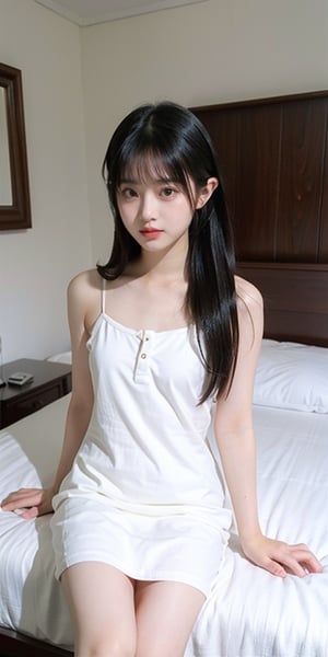 a girl,16y,wear white short dress,in the bedroom