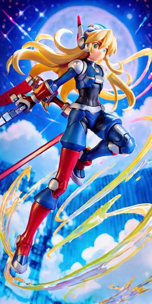 digital_media_(artwork) hi_res, score_9, score_8_up, score_7_up, score_6_up, score_5_up, score_4_up, 1boy, zero(ver.ke), mega man x \(series\), zero \(mega man\), reploid, beam saber, helmet, blonde hair, mechanical boots, (Accessories Theme:1.4), (hold a sword), (long hair:1.3), (force aura theme:1.3), ((moon, star, moutain)),megaman_zero
