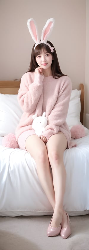 beautiful illustration, best quality, cute girl, bedroom, pastel color, fluffy bunny ears, full_body, silver long hair, rabbit stuffed toy, bright lighting, light pink eyes, background,scenery,CrclWc,CuteSt1,WtrClr