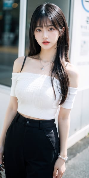 Canon RF85mm f/1.2,masterpiece,best quality,ultra highres,vc,realistic,yoyo,1 girl,yoga pants,(korean mixed,kpop idol:1.2),solo,white_shiny_skin,black eyes,necklace,brown_long_wavy_hair,red_shiny_lips,eyelashes,bangs,aface,make-up,shiny,Pore,skin texture,bracelet,offshoulder,see-through,big breasts,
