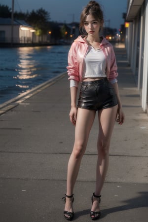 Prompt: (((32K CG, UHD, detailed view))),()(Full-length))),(((full body:1.3))) (RAW photo, best quality), (realistic),photo, masterpiece, 1girl, ponytail, looking at viewer, hoodies, jacket, shorts, at night outdoor, harbor, street, full body, (light smile:0.7),blush, long shot,photorealistic,Secretary_uniform,white_shirt,black_leather_skirt,black_stockings
