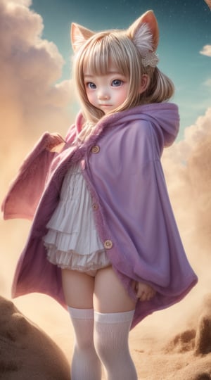 A kemono girl with a whimsical design! The scene is set in a pastel-colored, star-studded fancy candy shop. The subject, with a fanged smile and button nose, stands amidst swirling clouds of sugar and spice. Her fluffy fur-covered body, adorned with a heart-shaped face, sports large bat wings that seem to sprout from her back like a majestic cloak. Her paw-like hands and feet grasp oversized hoodie strings, which feature wing holes, adding an extra layer of whimsy. Thigh-high socks and sparkly effects complete the digital art style. The kemono girl's big expressive eyes, with star-shaped pupils, shine bright as she gazes out at the viewer, her blush cheeks and chibi proportions making her appear even more endearing.
