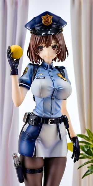 Masterpiece, photo, a young woman, Smile, Looking At Viewer, Upper Body, Light, Solo, Beautiful woman, 23 Years Old, Short Hair, Brown Hair, Bangs, Big Breasts, lemon, police cap, arm strap, puffy short sleeves, belt, half gloves, buttons, jewelry, thigh strap, white skirt, black pantyhose, standing, indoor, windows, curtains, bedroom background,