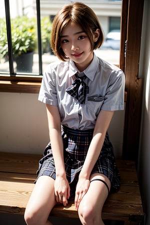 mikas 1girl, solo, short hair, skirt, brown hair, shirt, sitting, school uniform, short sleeves, plaid, plaid skirt, between legs, hand between legs, realistic, head out of frame,smile
