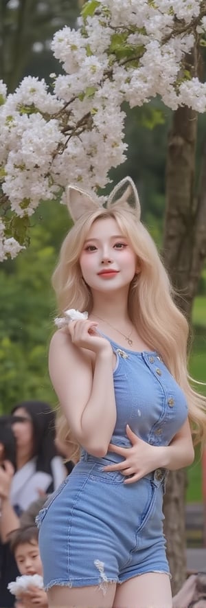 (8K UHD), 1girl, Alice in Wonderland Cosplayer, Cute Young Girl, Random Color eyes, 21 years old, Jailbeit girl, Beautiful face, She is holding a stuffed rabbit with floppy ears in her hand, look at viewer, Never ending flower (dynamic angle, dynamic pose)