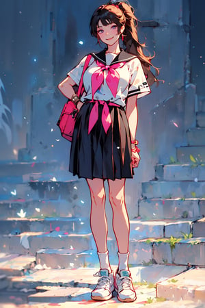 (best quality), ((masterpiece)), (highres), illustration, original, extremely detailed, (二次元大系·御姐篇_V1.0:0.7)zlqs, 1girl, skirt, solo, shoes, full body, white background, school uniform, brown hair, black skirt, simple background, smile, looking at viewer, jewelry, pleated skirt, clothes around waist, short sleeves, breasts, standing, sneakers, white shirt, bracelet, ponytail, shirt, serafuku, neckerchief, sailor collar, bangs, large breasts, socks, purple eyes, jacket, closed mouth, black sailor collar, sweater ,Realism