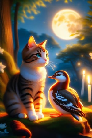 A serene shot of a beautiful cat and a beautiful duck sitting together amidst a beautiful forest, bathed in soft, warm lighting. The beautiful quality of the scene is enhanced by the gentle glow of the beautiful full moon rising in the background. In the foreground, a beautifully decorated cake sits on a moss-covered log, adding a touch of whimsy to this idyllic scene.