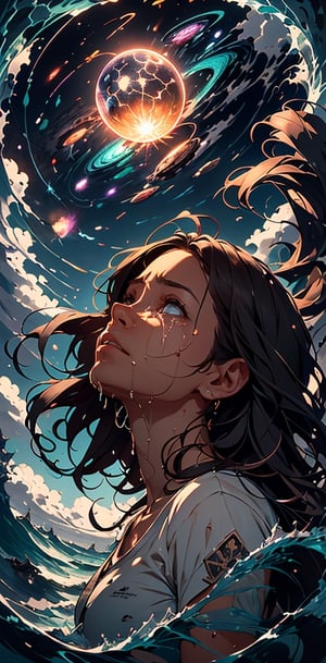 The constellations form infinite paisleys in the sky The condensation tumbles down and erases all my sight And is it in the nightmare map of the cosmos up high? Or is it in the signs? Or stranger still,  just in my eyes?,  art by Clayton Crain,  Stjepan Sejic,  Rachel Walpole,  Jeszika Le Vye,  Peter Mohrbacher,  thunder and portal and dark magic and starlight,   1girl,  looking up into the sky, ((crying!!)),  tears dripping from her beautiful eyes,  blond,  sexy, Meteors falling from the sky,  cliffs,  ocean,  waves,  Fisheye Lens,  wet white shirt,  view_from_below,  low_angle,  Leonardo Style, More Detail,