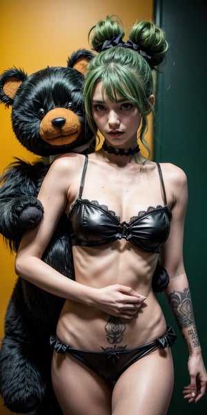 Create an image of a character with vibrant green hair styled in two large buns tied with orange bows, holding a gothic-style plush bear. Include detailed tattoos and stitches on the character's arms against a textured yellow and black grungy background.
