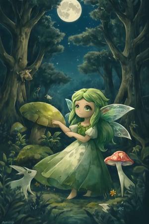 fairy tale illustrations, myths of another world,Perfect sky, moon and shooting stars,
pagan style graffiti art, general,Enchanted forest scene with a Skogsrå (Scandinavian forest spirit). Beautiful woman with long green hair and tree-bark back. Magical surroundings: ancient trees, glowing mushrooms, misty air. Ethereal lighting, dappled sunlight. Dress of living plants. Hidden fantastical creatures. High fantasy style, photorealistic details, vibrant green and gold palette. Depth of field effect."
, best quality, very aesthetic, absurdres, ultra-detailed,
watercolor \(medium\),jewel pet,acidzlime,dal-6 style,Dreamyvibes Artstyle,anime,ruanyi0701,nodf_xl,wolfcon