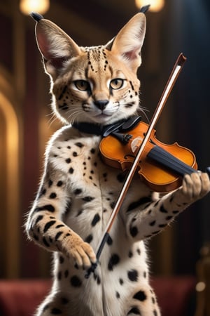 Serval cat virtuoso playing violin, focused expression, standing upright, paws on strings, bow in tail, concert hall background, dramatic lighting, photorealistic fur texture, 8K resolution