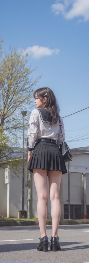 1girl, solo, looking at viewer, short hair, blue eyes, skirt, brown hair, shirt, black hair, long sleeves, closed mouth, school uniform, standing, purple eyes, pleated skirt, outdoors, sky, serafuku, looking back, sailor collar, bag, from behind, tree, neckerchief, building, scenery, long skirt, sign, road, power lines, street, utility pole, white neckerchief
