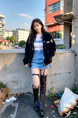 1girl, solo, long hair, looking at viewer, blue eyes, skirt, brown hair, standing, jacket, full body, pantyhose, boots, outdoors, sky, cloud, hood, black jacket, torn clothes, black pantyhose, thigh strap, floating hair, glowing, wind, building, city, hands in pockets, debris
