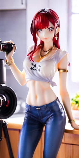 A petite, 18-year-old Asian female sits dynamically in a kitchen, her pale skin glistening under realistic photorealistic lighting. Her slicked-back hair and shaved right side of the head create a striking contrast with her vibrant red locks. White eyes sparkle beneath a mole near her left eye. Her impressive physique showcases toned abs and muscular definition. A necklace, arm bracelet, and rings adorn her petite frame. A light smile plays on her lips as she wears a star-printed shirt and cordy pants. The kitchen's warm glow is illuminated by cinematic backlighting, casting a ray of volumetric light across the scene, where cakes sit enticingly on the table amidst a scenic backdrop.