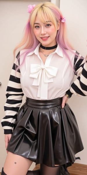  A sweet and sassy gyaru girl! In a cowboy-inspired shot, she's posed with one hip cocked and her long, multicolored hair flowing down her back. The gradient effect on her locks creates a striking contrast against the white shirt with a collared neckline, striped sleeves, and a bowtie at the front. A black choker adorns her neck, and her eyes sparkle with a blush as she flashes a bright smile. Her blonde bangs frame her face, and a pink hair ornament in the shape of a heart sits atop her ponytail. She wears a pleated skirt that's hiked up around her waist, revealing her thigh-high socks and black patent leather shoes. A pink bow adorns her collarbone, and a bracelet wraps around her wrist, drawing attention to her tattooed facial mark. The overall effect is playful, flirtatious, and utterly captivating.