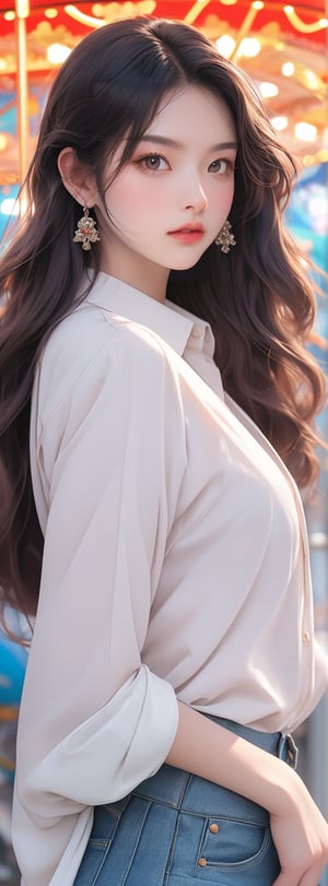 Here is a prompt for generating an image based on your input:

A serene, photorealistic masterpiece of a Korean girl, no older than 18, stands solo on a colorful merry-go-round at a bustling amusement park. She wears a crisp white collared long-sleeve shirt and short jeans, her smile radiant as she gazes ahead. Her dark hair falls past her hip in luscious waves, framing her heart-shaped face with delicate facial features. Her nervous, yet charming, expression hints at a hint of embarrassment as her eyes sparkle with an eye-smile. A single braid adorns the crown of her forehead, and tiny earrings adorn her ears. With a glamorous physique, she exudes confidence as she rides the merry-go-round, her long, straight hair flowing freely in the wind. The image is set against a vibrant background of bright lights and whimsical park attractions, with the camera positioned in a sharp focus cowboy shot for maximum impact.