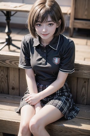 mikas 1girl, solo, short hair, skirt, brown hair, shirt, sitting, school uniform, short sleeves, plaid, plaid skirt, between legs, hand between legs, realistic, head out of frame,smile
