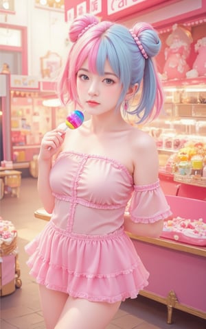 A young woman with playful pink and blue hair styled in twin buns stands in a vibrant, candy-themed market, illustrated in a realistic anime style. She wears a sheer, ruffled top and a matching pink skirt, holding a colorful lollipop. The background is filled with highly detailed candy displays and ornamental decorations, bathed in warm, soft light. The realistic anime style emphasizes more natural proportions and lifelike textures, with a focus on intricate details in her clothing, hair, and the market setting, while maintaining an expressive, emotional tone.