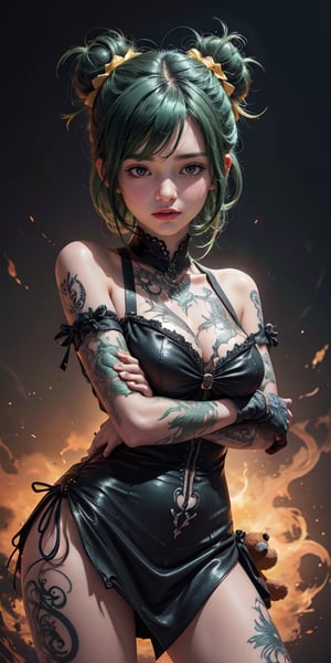 Create an image of a character with vibrant green hair styled in two large buns tied with orange bows, holding a gothic-style plush bear. Include detailed tattoos and stitches on the character's arms against a textured yellow and black grungy background.

