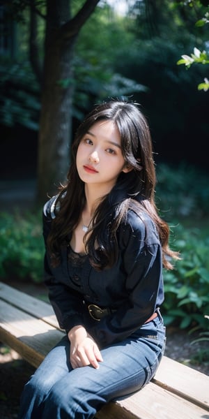 masterpiece, high quality, realistic aesthetic photo ,(HDR:1.2), pore and detailed, intricate detailed, graceful and beautiful textures, RAW photo, 16K, (bokeh:1.1), cinematic lighting, side lighting, cool tone, high contrast, deep shadow, focus on girl, in night-garden, 20yo-japanese-actress, detailed face, little-smile, beautiful dark-eyes, smooth fair skin, large breasts, juicy lips, eye_shadow, beautiful dark-brown large wavy hair, earing, black thin belt,　　　　　　　　　　　　　　　　　　　　　　　　　　　　　　　　　　　(navy-blue satin open chest shirt over lace black bra:0.8), denim pants, sitting on garden's bench with model posing, high detailed, ultra detailed, Subsurface scattering, high resolution, world-class official images, impressive visual, perfect composition,realhands,best quality
