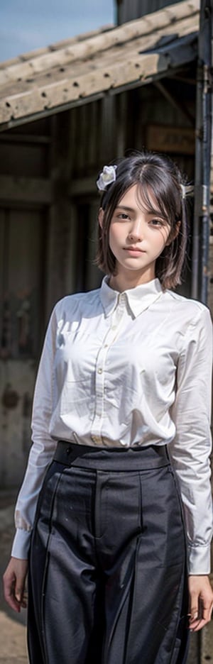 A stunning high school student, dressed in a crisp laced blouse and suit, stands confidently at the school gate, her bright gaze radiating enthusiasm. Framed by the warm glow of afternoon sunlight, her features are rendered in photorealistic detail, with finely chiseled facial structures and sharp- focus eyes that seem to sparkle with excitement. The cowboy-inspired composition emphasizes her strength and independence, as she stands tall amidst a blurred background of bustling school life.