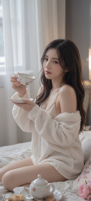 A highly detailed CG wallpaper depicting TifaLockhart is drinking tea in her bedroom on her bed. TifaLockhart is dressed in fluffy pajama inspired by polar bear design and white color complement her wet black long hair. Wet hair. TifaLockhart exudes a mesmerizing charm perfectly fushion her sensual attractiveness and her cuteness. The tea pot and tea cup highlight British porcelain design style. Perfect details. Wink at viewer with a sweet smile. From side
