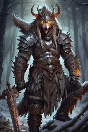 Werewolf warrior in Viking attire,wolf face, massive greatsword resting on shoulder, fur-trimmed leather armor, Norse runes on blade, standing amidst ancient pine forest, misty atmosphere, moonlight filtering through branches, glowing amber eyes, wolf-like features, battle-scarred, muscular physique, braided beard, iron helmet with horns, snow-covered ground, distant howling, photorealistic style, dramatic lighting,LegendDarkFantasy,kawaii knight,cyborg,royal knight,werewolf,IzutsumiPXL,GaelicPatternStyle