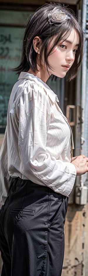 A bright morning at the school gate, a high school student girl stands out in her crisp white laced blouse and matching suit, the morning sunlight casting a warm glow on her face. Her brown eyes sparkle with a hint of curiosity as she gazes off-camera, her sharp-featured profile set against a blurred background of students rushing to class. The cowboy shot framing emphasizes her petite frame, while fine details like textured fabric and delicate eyelashes bring her features to life in photorealistic 32k resolution.