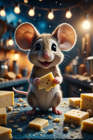Create an image of an anthropomorphic mouse standing on a kitchen counter holding Swiss cheese, with large happy ears and an expression of joy. Include details such as scattered crumbs and additional pieces of cheese around the surface, set against a nighttime backdrop with soft bokeh lighting to enhance the warm yellow-orange tones of the cheese against cool blue surroundings.