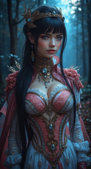 In the mystical forest, where moonlight weaves a silver tapestry across the floor, a stunning sorceress emerges from the shadows. She stands tall, veiled in crimson silk that cascades like a waterfall of night down her shoulders. Her eyes aglow like embers, she strikes a pose, emphasizing her impressive bosom beneath the tulle cape that unfurls behind her like a cloud.

The forest floor is strewn with flowers, their delicate petals reflecting the intricate gold Phoenix embroidery that wraps around her neck like a serpent. The incomparable details of her beauty are matched only by the delicacy of her skin, which seems to radiate an inner light. Her long, flowing hair appears to writhe and shift like a living thing, entwined with crystal and silver threads that glint like starlight.

As she moves, a gorgeous sacred pink pattern spreads across her arms and torso, as if the essence of magic had been distilled into her being. Her skin is taut and unblemished, with a subtle sheen that hints at the power coursing through her veins. She wears a white lace dress with intricate costume design, complete with a choker, hair beads, snowflake hair ornament, lolita hairband, and ascot. Her blue eyes sparkle beneath long bangs and blunt fringe, framing her closed mouth and captivating smile.