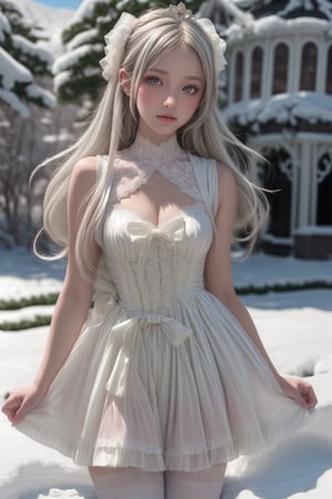 (masterpiece, 8K, UHD, trending on artstation, best quality, CG, unity, official art:1.3), a captivating young girl, (16-17 years old:1.1), with (amber-colored eyes:1.4), shining bright like precious jewels, and (silvery-white hair:1.3) cascading down her waist, like a river of moonlight, framing her (delicate, petite face:1.2), with (porcelain-like skin:1.2), as smooth and radiant as alabaster, dressed in a (snow-white, Lolita-style princess dress:1.3), with intricate (white lace trim:1.1) and a (full, flared skirt:1.1), paired with (white, knee-high stockings:1.1) and (dainty, white leather shoes:1.1), showcasing her (slender, yet curvy figure:1.2), with a subtle (peach-colored blush:1.1) on her cheeks, adding to her (innocent, ethereal charm:1.2), set against a (soft, creamy background:1.1), with gentle, warm lighting, and a hint of (pastel, pink colors:1.1), evoking a sense of (youthful innocence:1.2), and (whimsical fantasy:1.1), captured in a (detailed, realistic:1.2) style, with a focus on ( textures, and subtle shading:1.1), and a (dynamic, diagonal composition:1.2) that draws the viewer's eye to the subject.