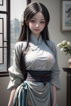 (masterpiece, high resolution, photorealistic:1.3), a 13-year-old girl, (loli face:1.2), with a delicate, heart-shaped face, (big, bright brown eyes:1.1), and (rosy cheeks:1.1), dressed in a traditional (Tang Dynasty:1.2) Chinese hanfu, (vibrant silk fabric:1.1), with intricate (gold embroidery:1.1) and (delicate lace:1.1), standing in a modern (living room:1.1) setting, surrounded by (contemporary furniture:1.1), (minimalist decor:1.1), and (large windows:1.1) with a cityscape view, (soft, warm lighting:1.1), and a (subtle, nostalgic atmosphere:1.1), as if she has just stepped out of a ancient Chinese painting, (sharp focus:1.2) on the girl, (soft focus:1.1) on the background, (vibrant colors:1.1), and (delicate textures:1.1), emphasizing the contrast between traditional and modern elements, (dynamic composition:1.2) with a slight (tilt:1.1) of her head, and a (faint, enigmatic smile:1.1) on her face.