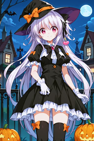 score_9, score_8_up, score_7_up, source_anime, 1girl, solo, iris freyja, white hair, very long hair, pink eyes, hair bow, halloween_costume, hat, black dress, puffy sleeves, gloves, black thighhighs, zettai_ryouiki, outside, smile, night