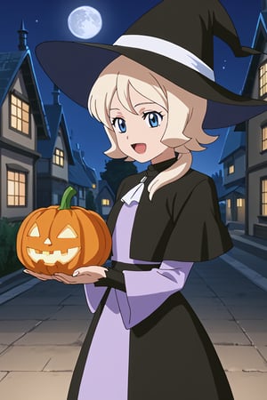 score_9, score_8_up, score_7_up, high quality, anime_screencap, anime coloring, source_anime, 1girl, solo, gage-emily, blonde hair, short hair, low ponytail, blue eyes, witch, hat, witch hat, dress, halloween, halloween costume, jewelry, standing, smile, open mouth, outside, night, moon, beautiful_female_fingers, perfect hands, detailed hands, beautiful hands, looking_at_viewer, sweets, pumpkin, holding_object