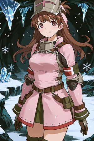 score_9, score_8_up, score_7_up, source_anime, 1girl, solo, ooi, long hair, brown hair, brown eyes, ooi (kancolle), khezu armor, pink helmet, pink gauntlets, pink knee boots, pink breastplate, pink armor skirt, smile, along, inside, cave, snowing, ice