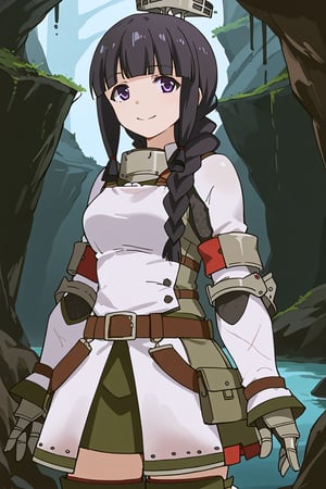 score_9, score_8_up, score_7_up, source_anime, 1girl, solo, kitakami, long hair, bangs, black hair, purple eyes, braid, blunt bangs, single braid, hair over shoulder, kitakami (kancolle), khezu armor, white gauntlets, white knee boots, white breastplate, white armor skirt, standing, smile, inside, cave