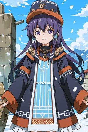 score_9, score_8_up, score_7_up, source_anime, 1girl, solo, akatsuki, long hair, hair between eyes, purple eyes, purple hair, akatsuki (kancolle), gammoth armor, blue headwear, blue hair tubes, blue coat, blue long sleeves, standing, smile, outside, snowing