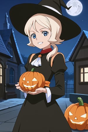 score_9, score_8_up, score_7_up, high quality, anime_screencap, anime coloring, source_anime, 1girl, solo, gage-emily, blonde hair, short hair, low ponytail, blue eyes, witch, hat, witch hat, dress, halloween, halloween costume, jewelry, standing, smile, outside, night, moon, beautiful_female_fingers, perfect hands, detailed hands, beautiful hands, looking_at_viewer, sweets, pumpkin, holding_object