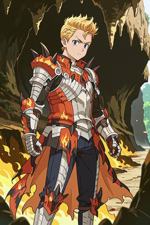 score_9, score_8_up, score_7_up, source_anime, 1boy, solo, takemichi_hanagaki, blonde hair, blue eyes, faux hawk, armor, rathalos armor, spikes, gauntlets, standing, outside, cave, flames