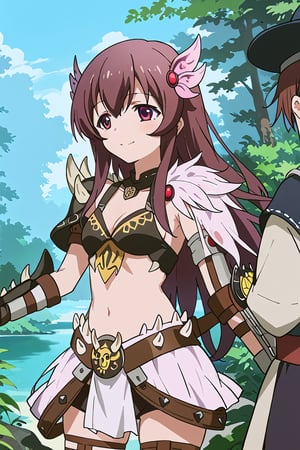 score_9, score_8_up, score_7_up, source_anime, 1girl, solo, kisaragi, long hair, brown hair, hair ornament, brown eyes, purple eyes, kisaragi (kancolle), cute, kawaii, smile, nergigante armor, spikes shoulder armor, black bikini armor, black armored skirt, black gauntlets, white spikes, standing, outside, fantasy, forest