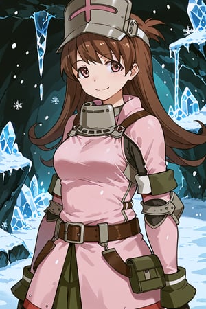 score_9, score_8_up, score_7_up, source_anime, 1girl, solo, ooi, long hair, brown hair, brown eyes, ooi (kancolle), khezu armor, pink helmet, pink gauntlets, pink breastplate, pink armor skirt, smile, along, inside, cave, snowing, ice