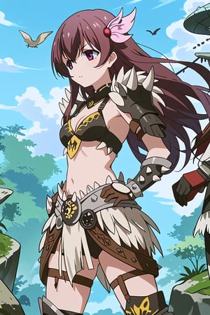 score_9, score_8_up, score_7_up, source_anime, 1girl, solo, kisaragi, long hair, brown hair, hair ornament, brown eyes, purple eyes, kisaragi (kancolle), nergigante armor, spikes shoulder armor, black bikini armor, black knee boots, black armored skirt, black gauntlets, white spikes, standing, outside, fantasy