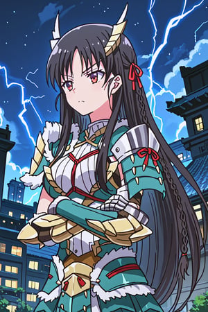 score_9, score_8_up, score_7_up, source_anime, 1girl, solo, suzune horikita, braid, long hair, black hair, Zinogre armor, cyan gauntlets, night, outside, city, lightning, crossed arms