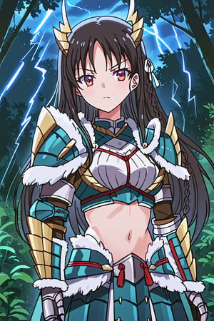 score_9, score_8_up, score_7_up, source_anime, 1girl, solo, suzune horikita, braid, long hair, black hair, Zinogre armor, cyan gauntlets, night, forest, lightning