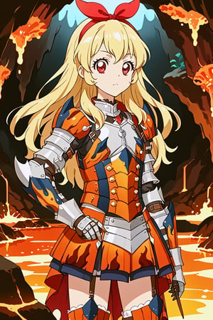 score_9, score_8_up, score_7_up, source_anime, 1girl, solo, HOSHIMIYA ICHIGO, BLONDE HAIR, LONG HAIR, RED EYES, HAIRBAND, BOW, armor, rathalos armor, gauntlets, miniskirt, standing, cave, flame, lava, inside 