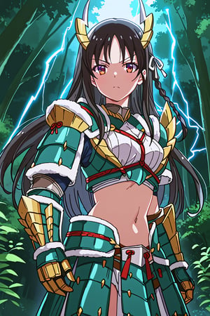 score_9, score_8_up, score_7_up, source_anime, 1girl, solo, suzune horikita, braid, long hair, black hair, Zinogre armor, cyan gauntlets, night, forest, lightning