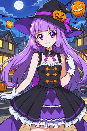 score_9, score_8_up, score_7_up, aikatsu, 1girl, solo, sumire hikami, purple hair, long hair, blunt bangs, straight hair, purple eyes, hair_ribbon, hat, halloween_costume, black dress, sleeveless_dress, white gloves, miniskirt, smile, closed mouth, outside, standing