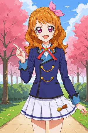 score_9, score_8_up, score_7_up, aikatsu, 1girl, solo, akari oozora, medium hair, brown hair, magenta eyes, braid, hair bow, pink bow, skirt, ribbon, jacket, pleated skirt, white skirt, blue jacket, starlight academy school uniform, outside, smile, open mouth, beautiful_female_fingers, perfect hands, detailed hands, beautiful hands, peach