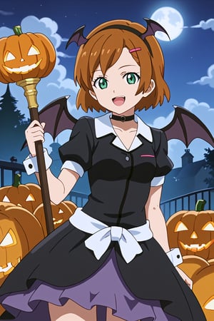 score_9, score_8_up, score_7_up, high quality, anime_screencap, anime coloring, source_anime, 1girl, solo, gage-romary, brown hair, short hair, hair ornament, green eyes, hairband, head_wings, succubus, choker, black dress, halloween_costume, puffy sleeves, short sleeves, wrist cuffs, bat_wings, miniskirt, standing, smile, open mouth, outside, night, moon, bat, pumpkins, beautiful_female_fingers, perfect hands, detailed hands, beautiful hands, looking_at_viewer, staff