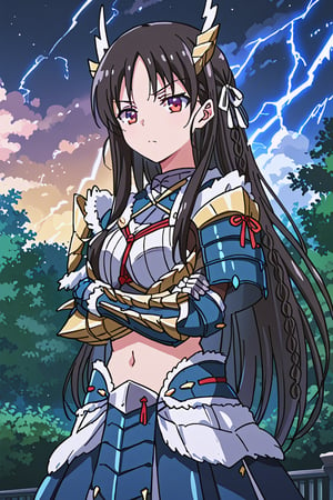 score_9, score_8_up, score_7_up, source_anime, 1girl, solo, suzune horikita, braid, long hair, black hair, Zinogre armor, cyan gauntlets, night, outside, school, lightning, crossed arms